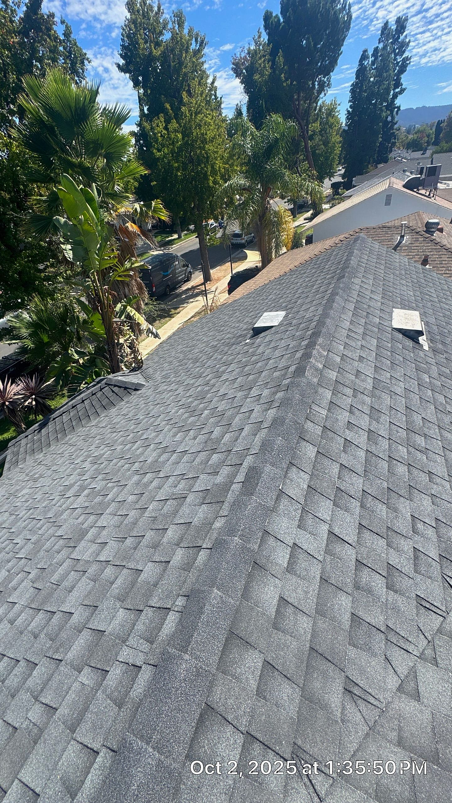 Shingled roof with surrounding trees and clear sky.