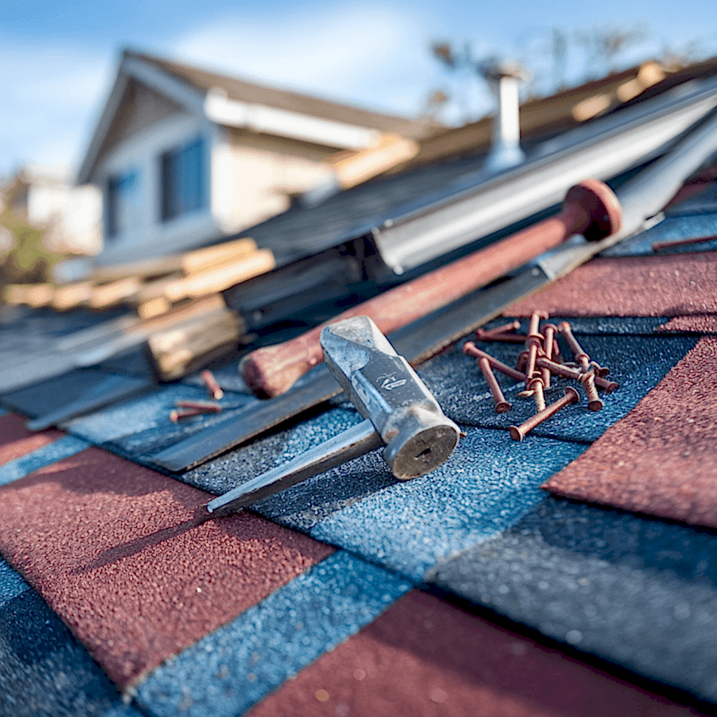 Roofing materials and fasteners laid out for a leak repair