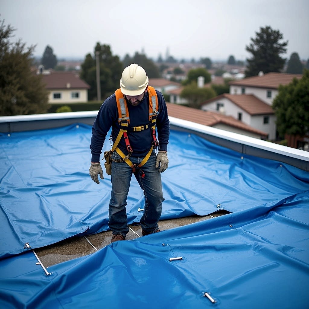 Emergency tarp going down on a leaking roof to stop water entry