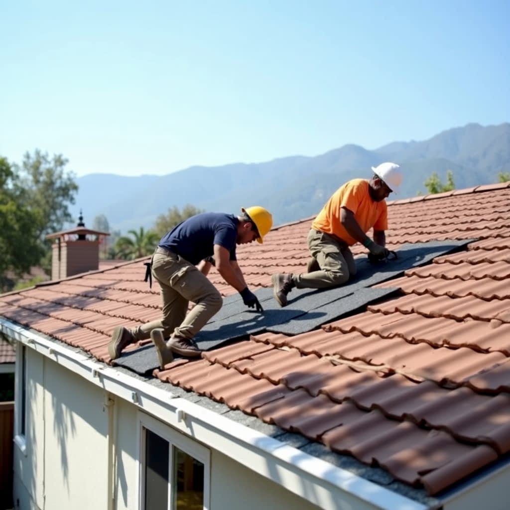 Roofers installing tile roofing, a fire-resistant roofing material
