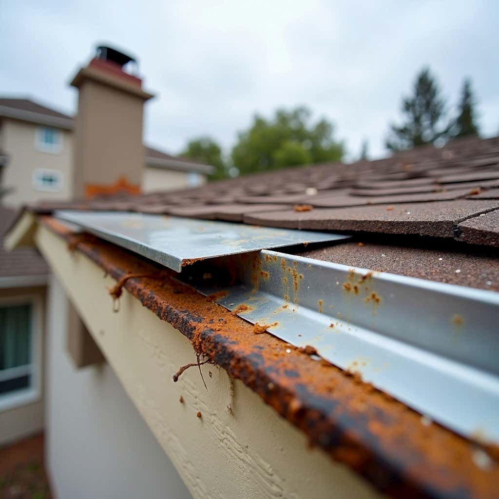 Rusted drip edge flashing along a roof eave, a common Southern California failure