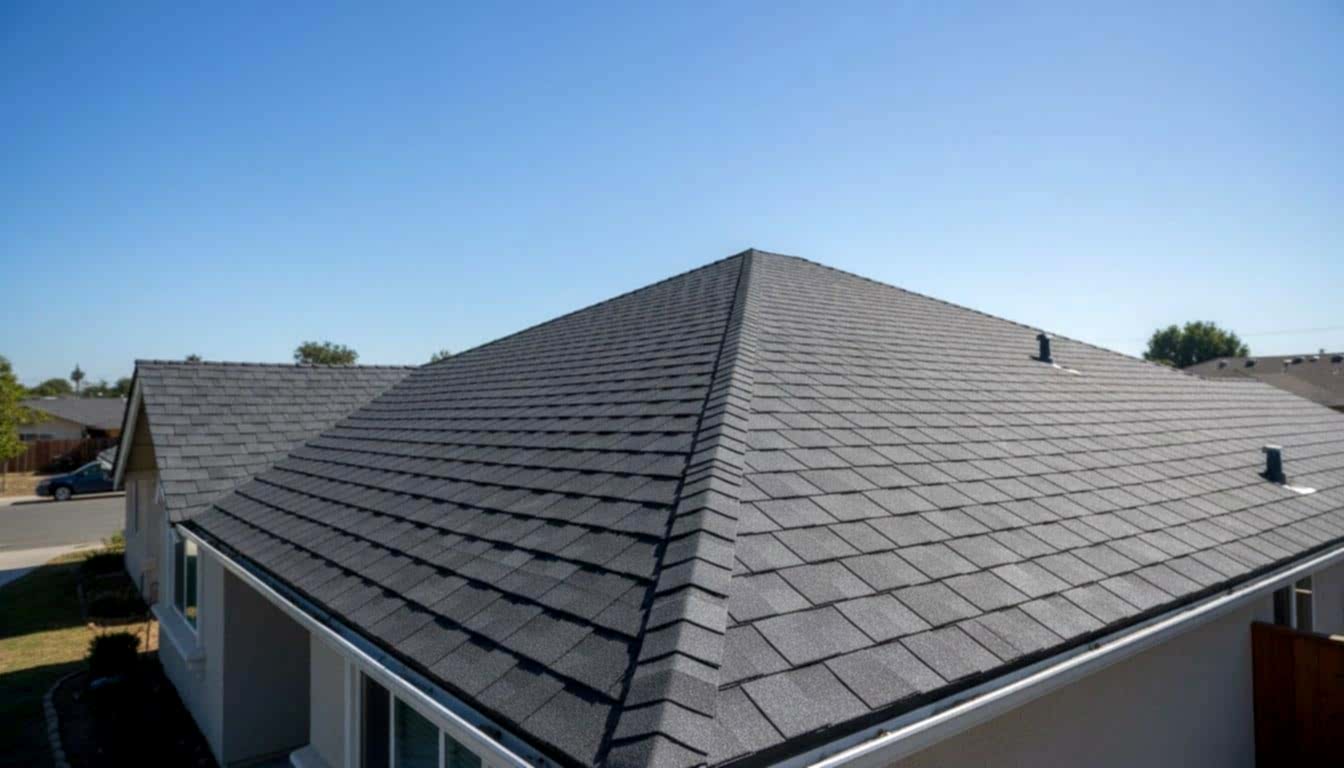 New architectural asphalt shingle roof installed on a California residential home
