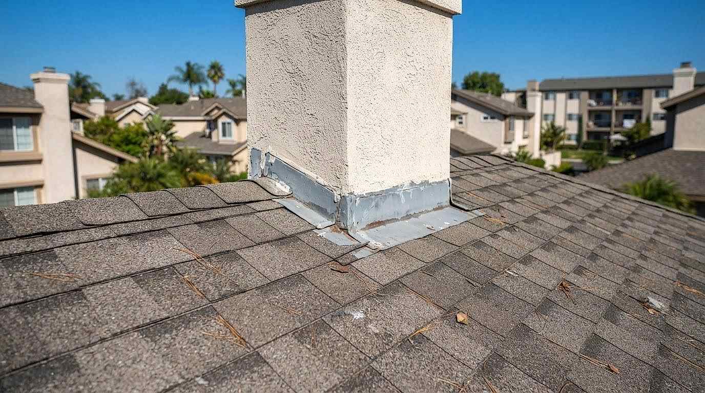 California residential roof with asphalt shingles and chimney flashing detail in summer sunlight