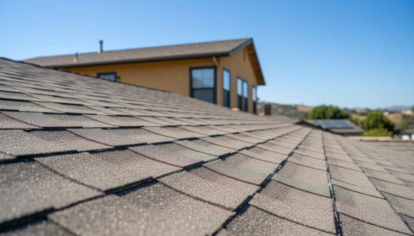 Cracked and curling asphalt shingles on a California home showing UV damage and granule loss
