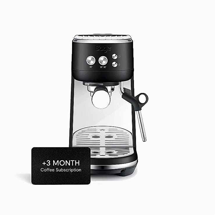 A black Sage Bambino coffee machine featuring a compact design, fast ThermoJet heating, manual steam wand, and PID temperature control for making barista-quality coffee at home.