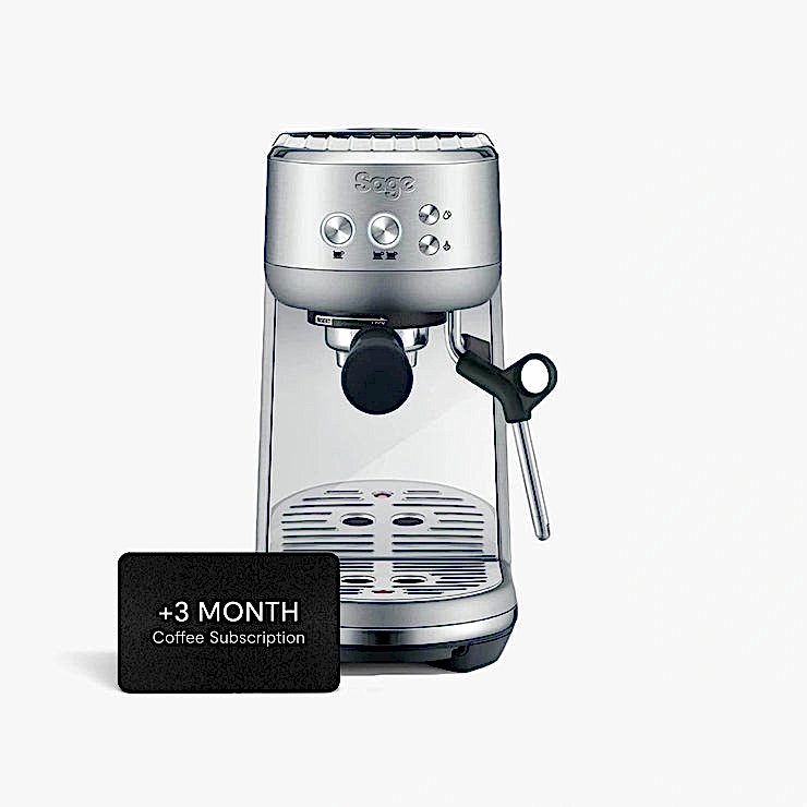 A steel Sage Bambino coffee machine featuring a compact design, fast ThermoJet heating, manual steam wand, and PID temperature control for making barista-quality coffee at home.